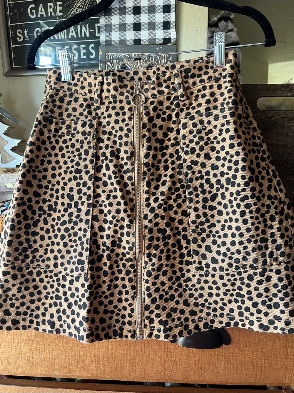 Monki Tan and Black Leopard-Print Zip A-Line Mini Skirt
